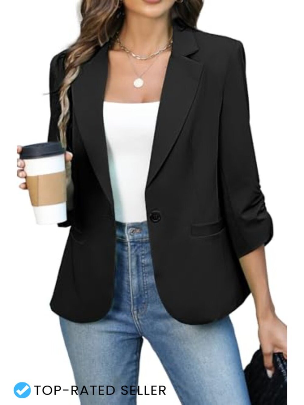 Women's Ruched 3/4 Sleeve Blazer Lightweight Fitted Business Casual Jacket